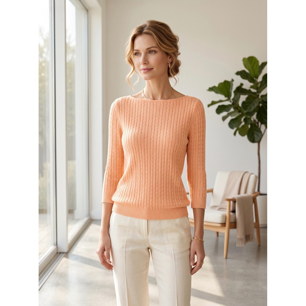 Chaps Ralph Lauren Peach Orange Cable Knit Boat Neck 3/4 Sleeve Cotton Sweater L